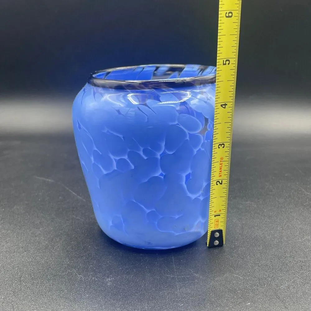 Vintage Blue Mottled Art Glass Tumbler Vase Set Hand Blown Rough Pontil Mark MCM